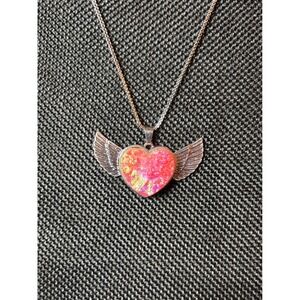 Pink Druzy Heart Angel Wing Necklace Silver Tone Stainless Steel Box Chain